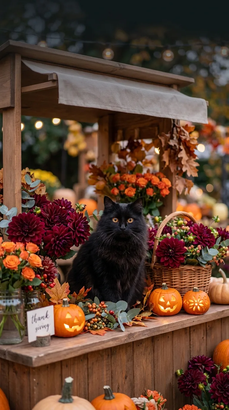 A fluffy black cat sits among burgundy flowers and glowing pumpkins at a small outdoor stall
