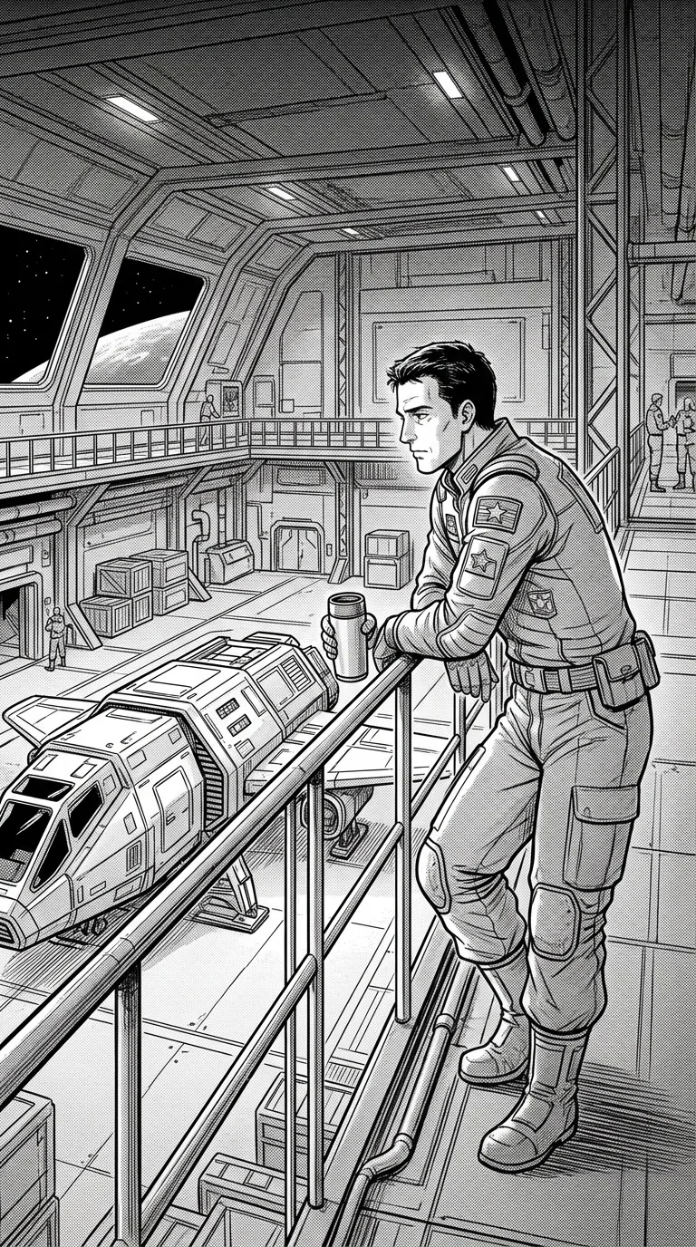 An adult space pilot in a quiet hangar.