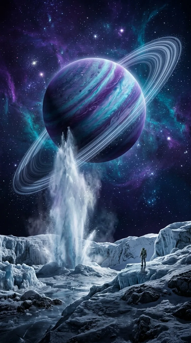 A ringed gas giant above a frozen geyser.