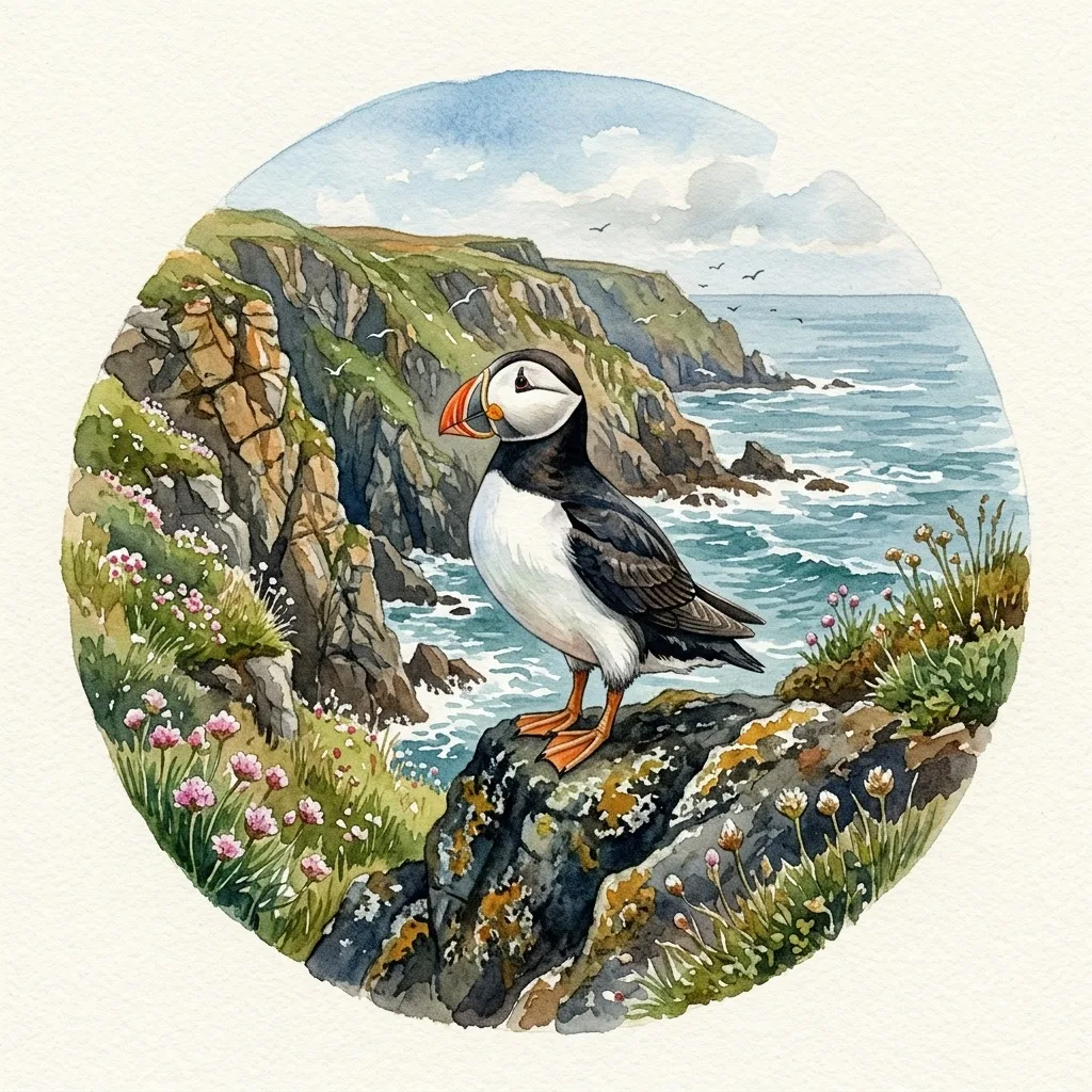 Puffin perched on a coastal cliff