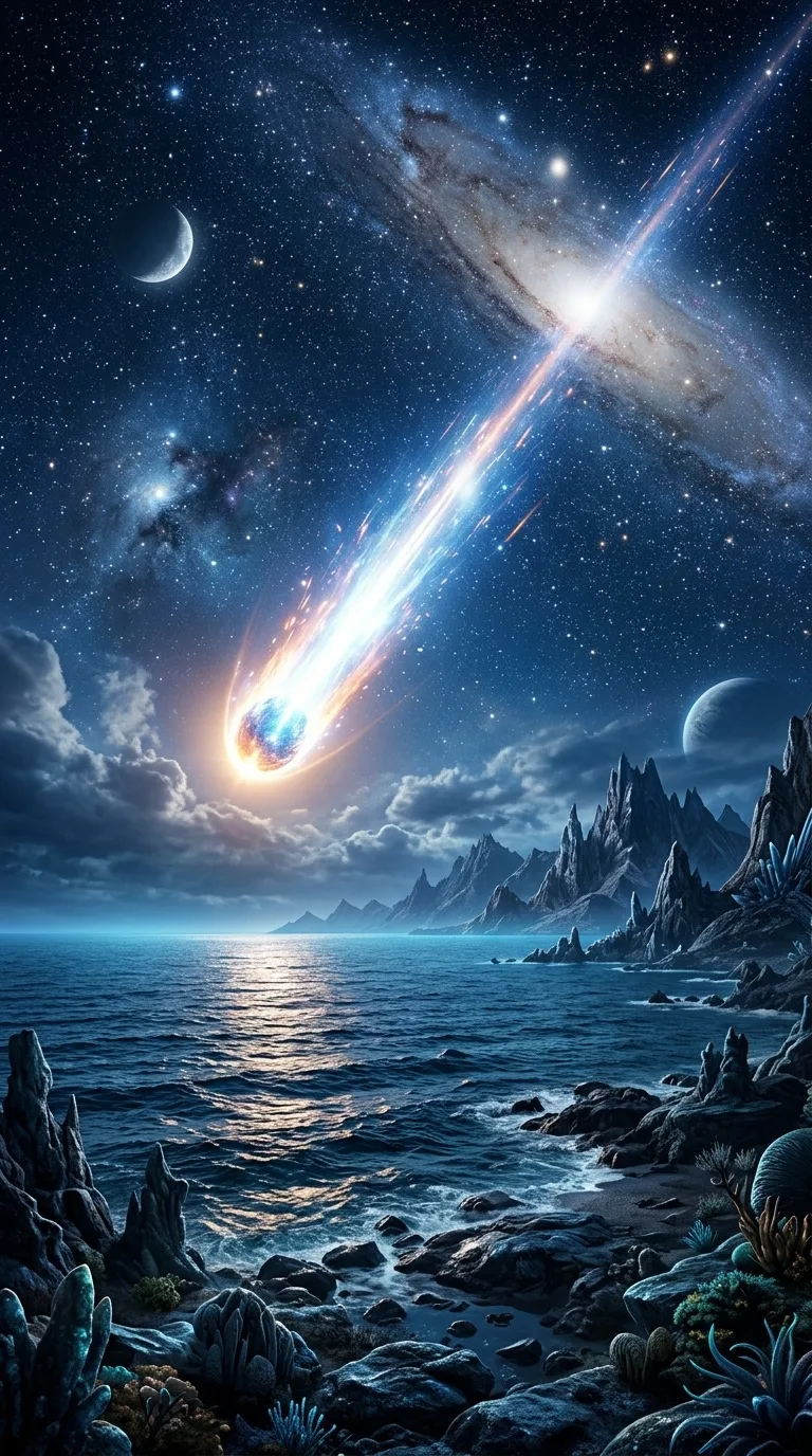 A meteor glowing above an alien ocean.