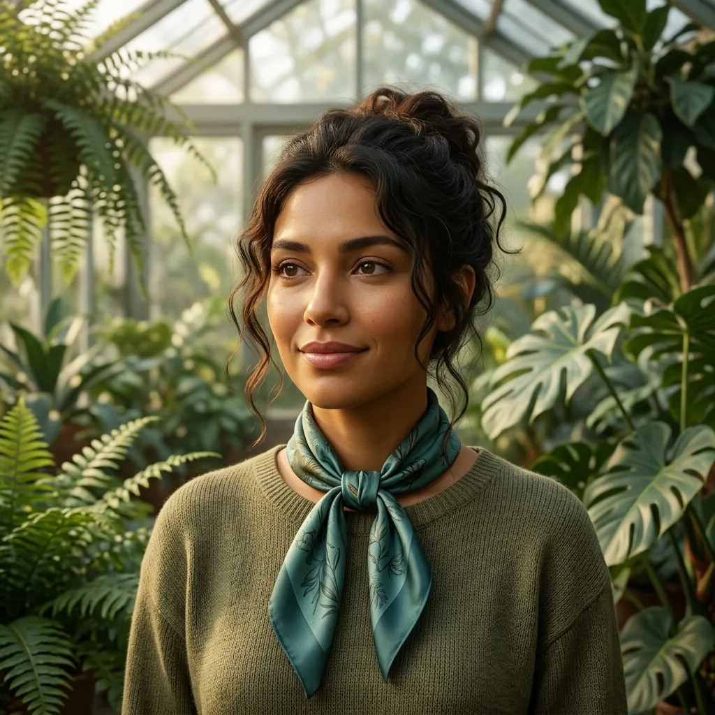 An adult woman with teal silk scarf in a botanical greenhouse