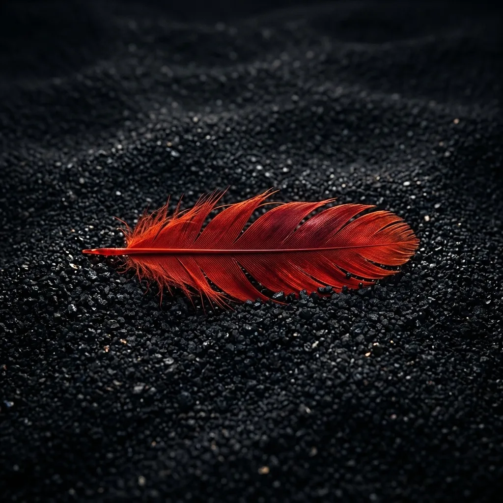 Crimson phoenix feather on obsidian sand