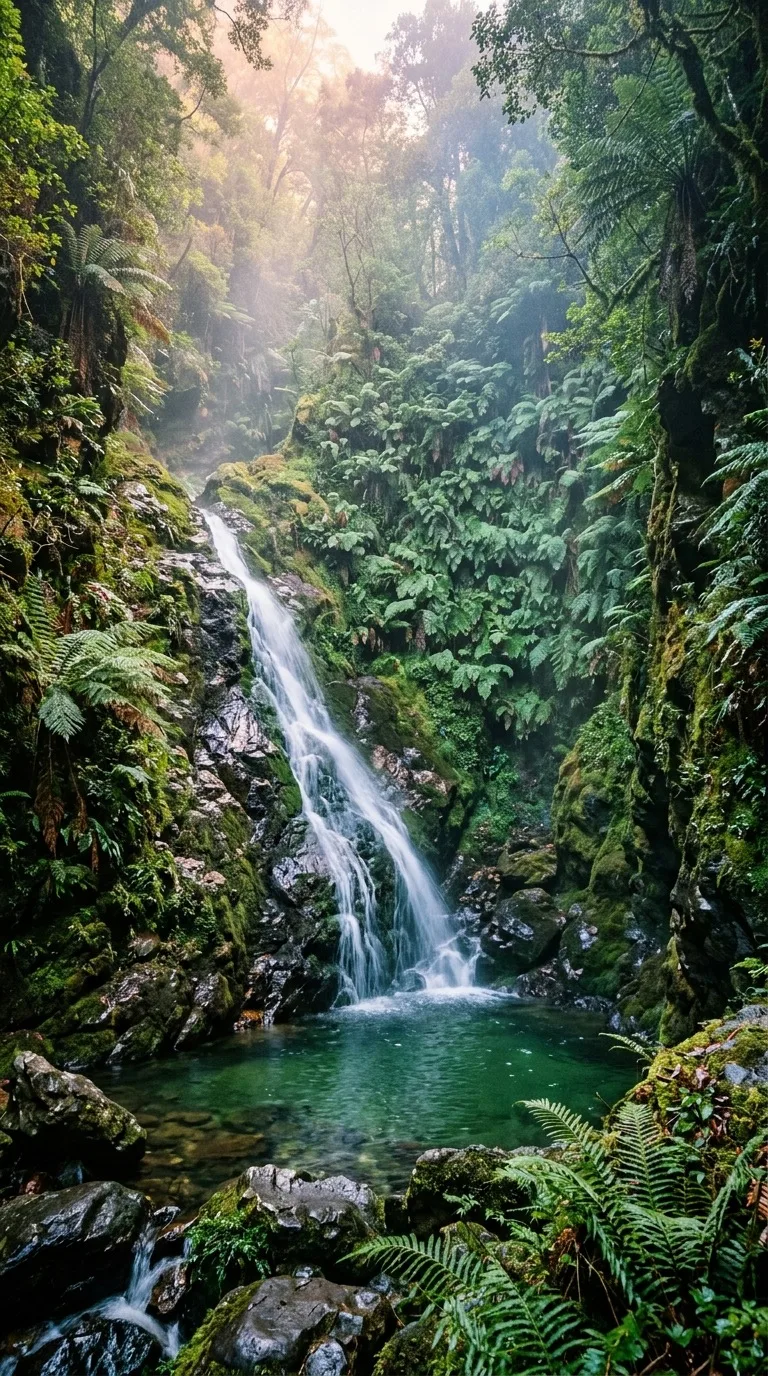 Emerald waterfall in a fern canyon.