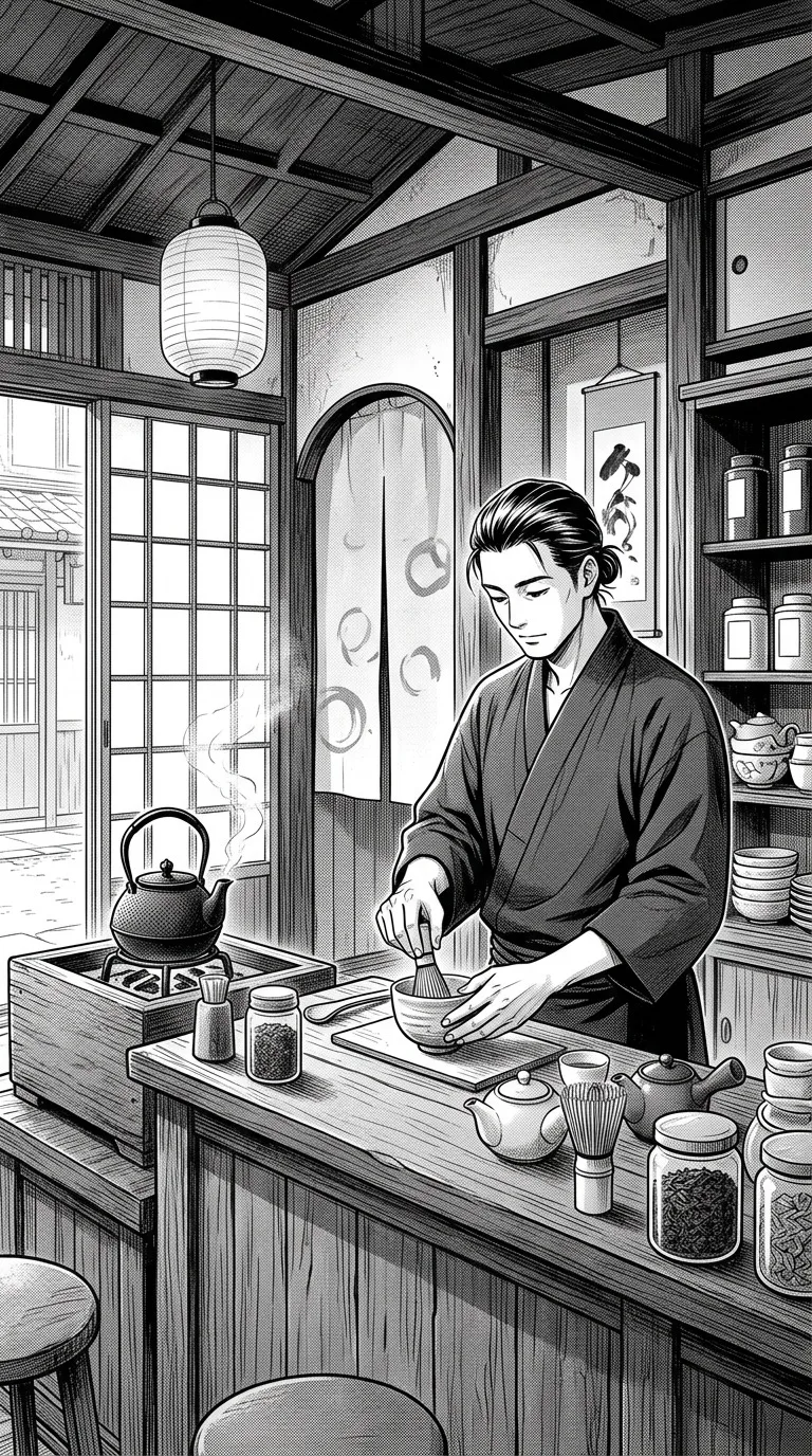 An adult tea maker inside a traditional shop.