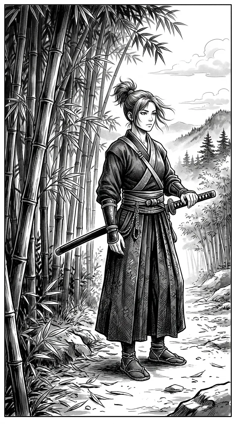 An adult swordswoman beside a quiet bamboo grove.