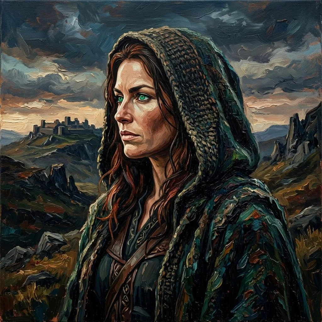 Confident woman with emerald eyes in a hood