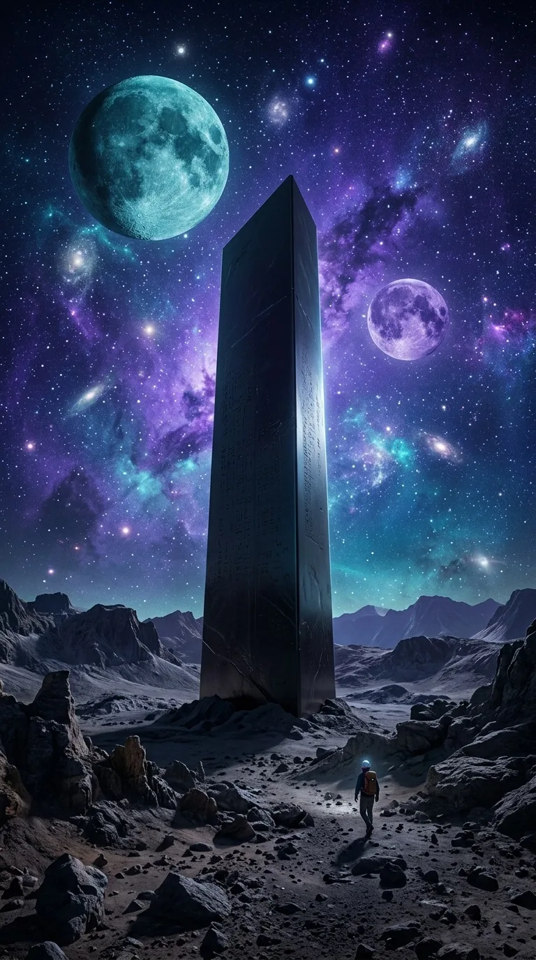 A mysterious monolith beneath twin moons.
