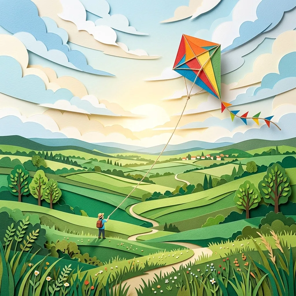 Bright kite rising above an open green field