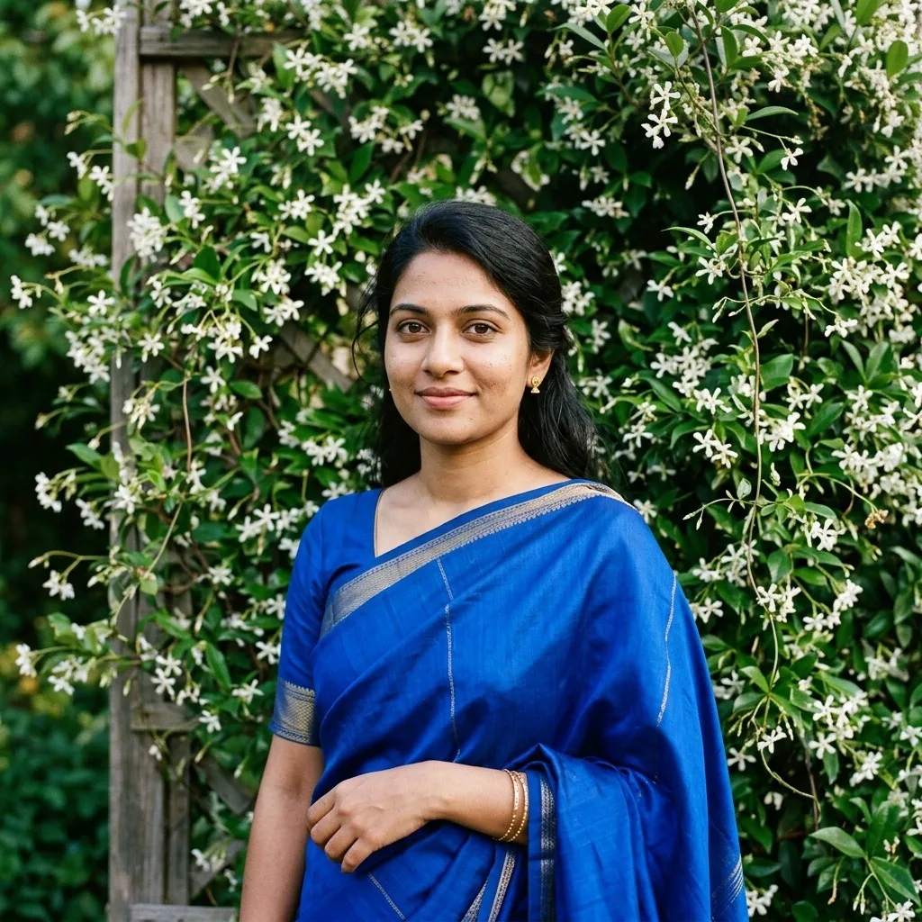 An adult woman with blue sari beside a jasmine trellis