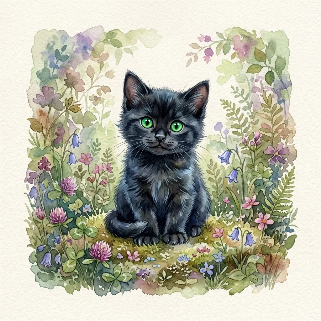 Black kitten with emerald eyes