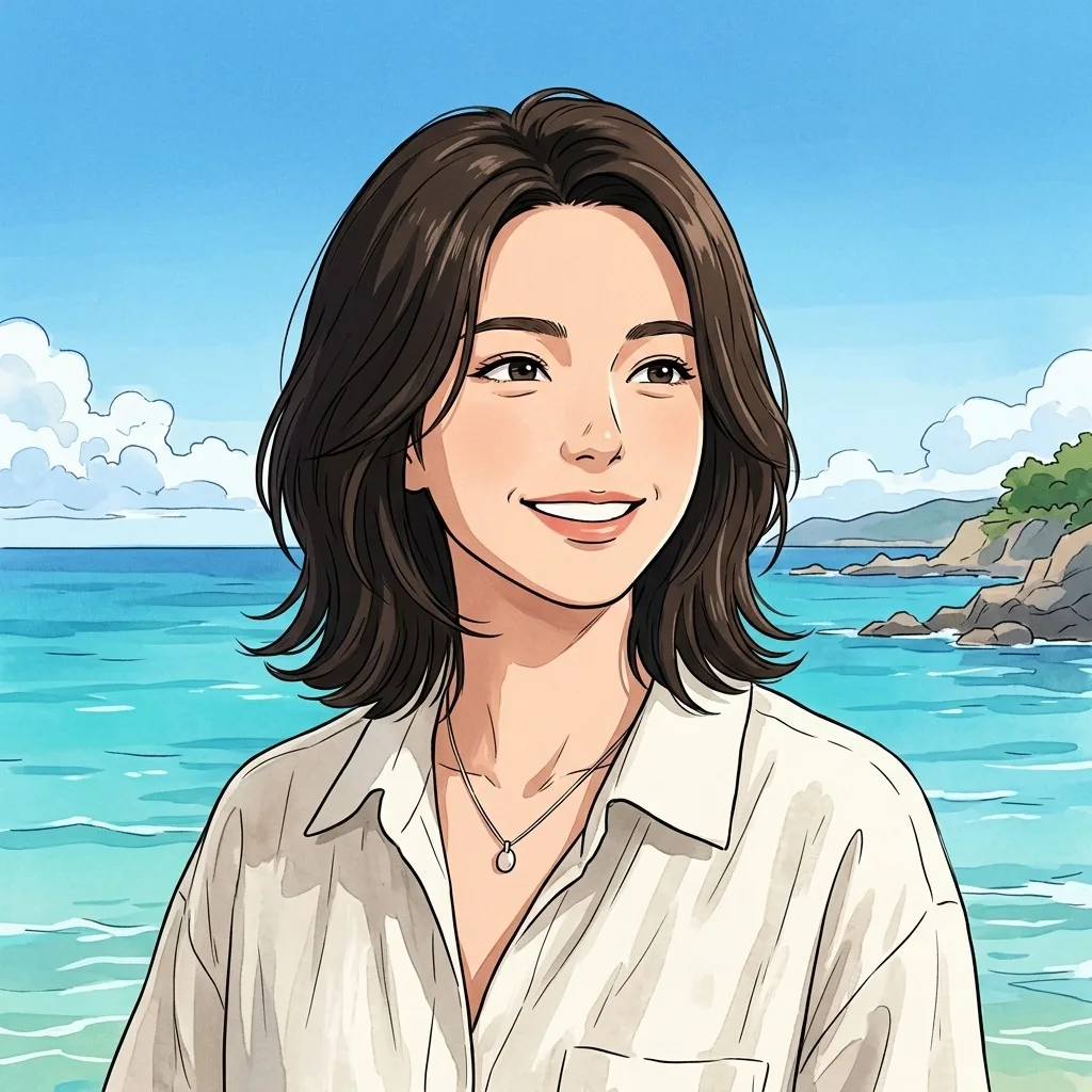 An adult woman with white linen shirt near a turquoise sea