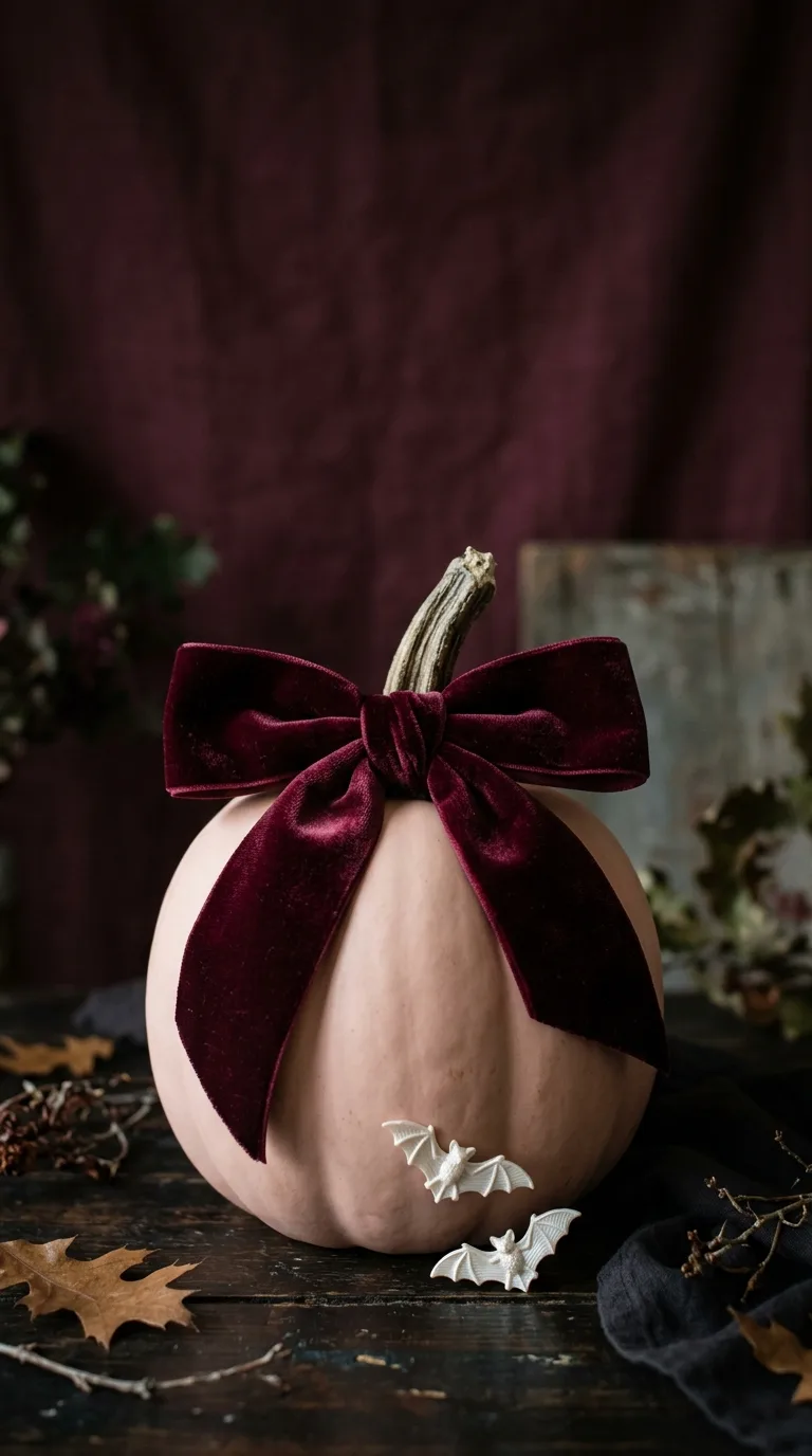 A blush pumpkin with a burgundy velvet bow rests among dark leaves and pale decorative accents