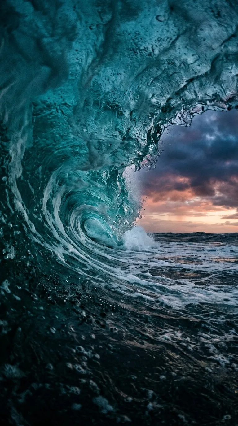 A curling turquoise wave seen from inside.