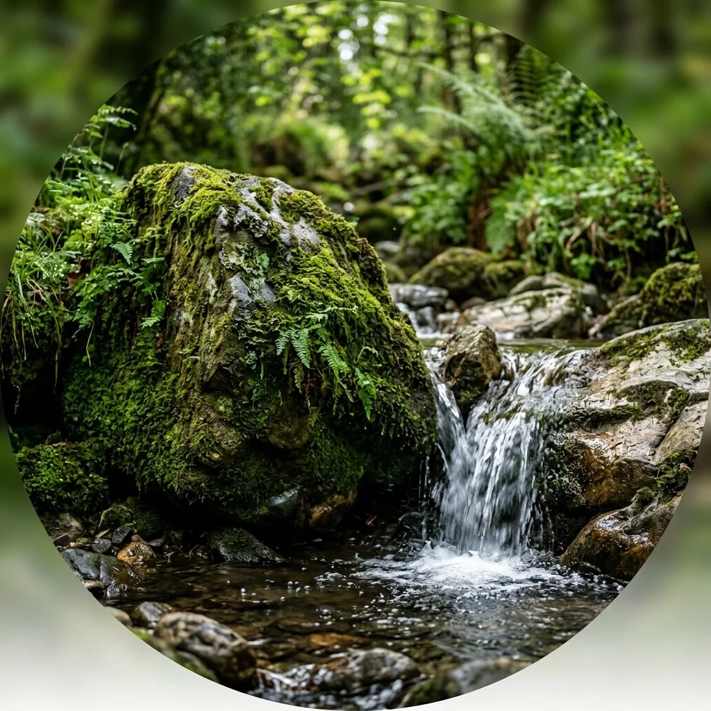 Mossy stone beside a tiny waterfall