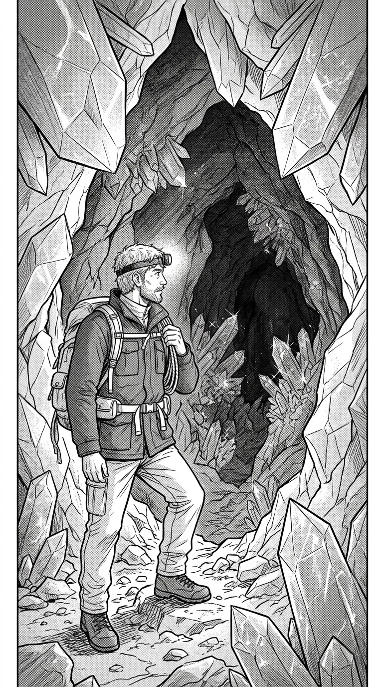 An adult explorer at the entrance to a crystal cave.