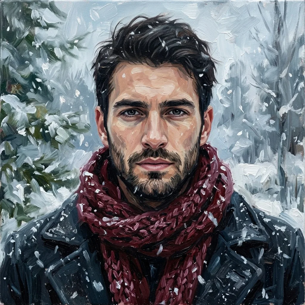 An adult man with maroon scarf beside falling snow