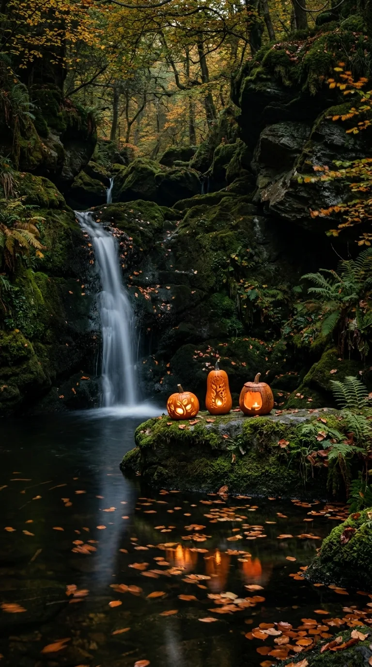 Pumpkin lanterns glow on a mossy ledge beside a slender forest waterfall