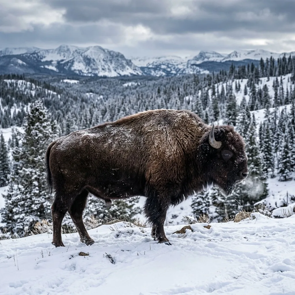 Dark bison in a snowy landscape