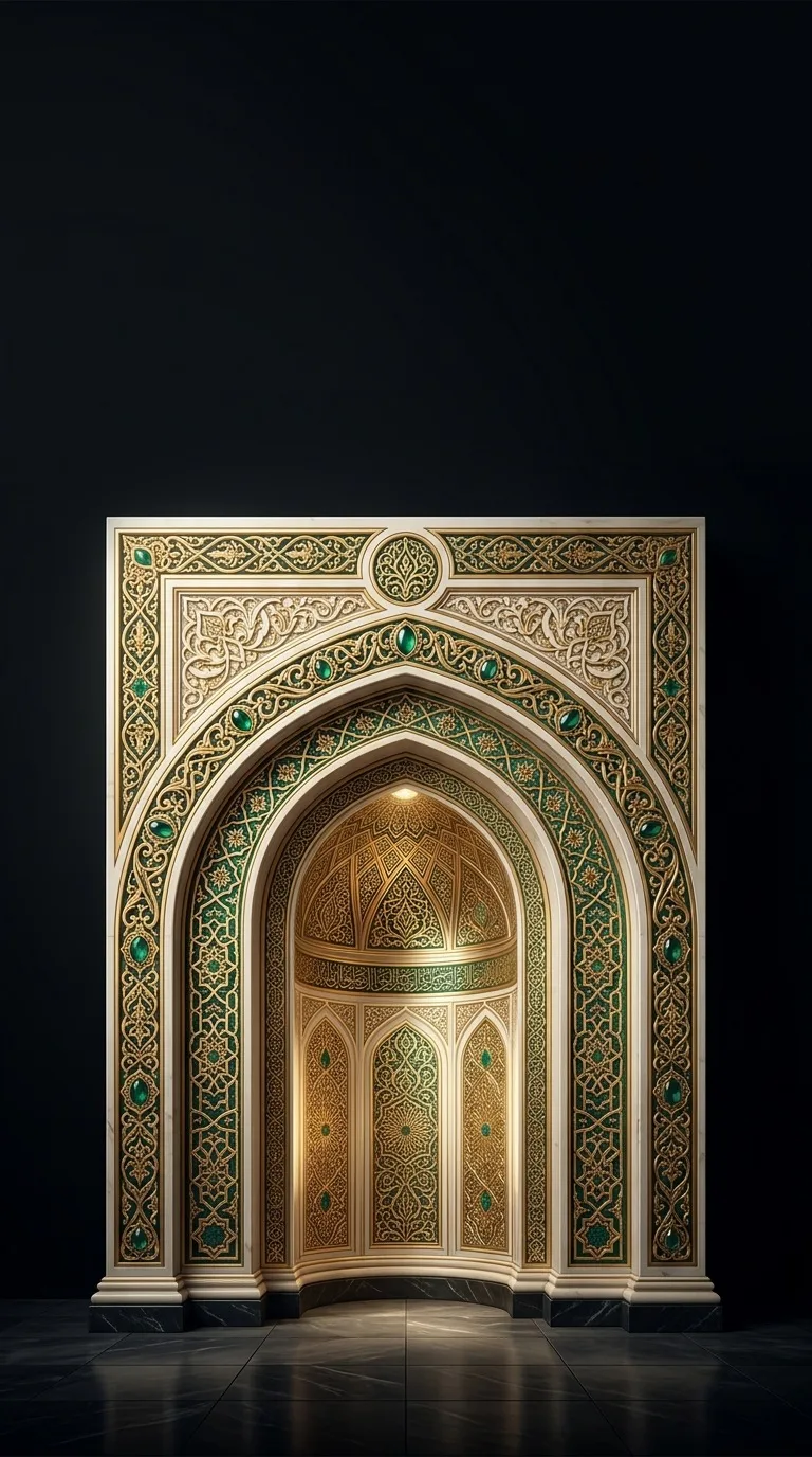 An ornamental mihrab niche in ivory and gold.
