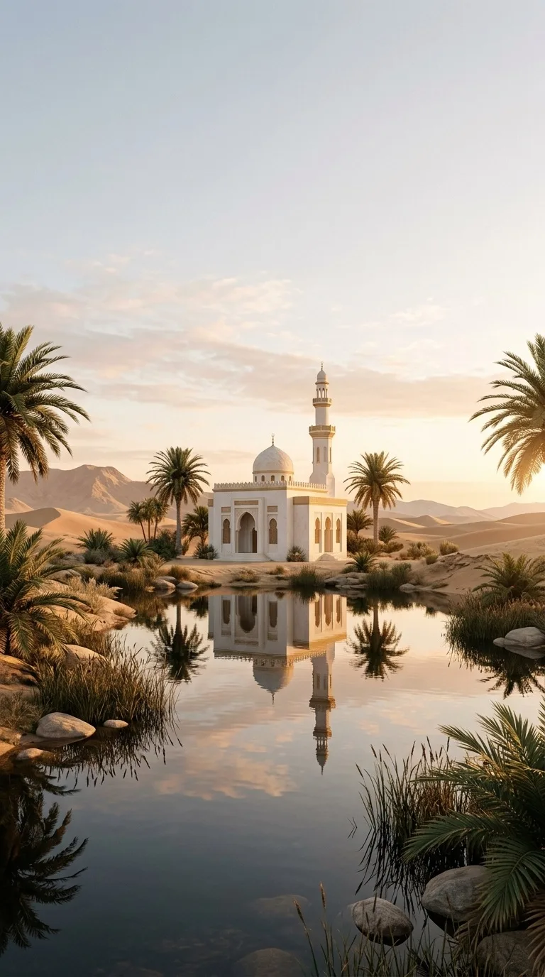 A small white mosque reflected beside a desert oasis.
