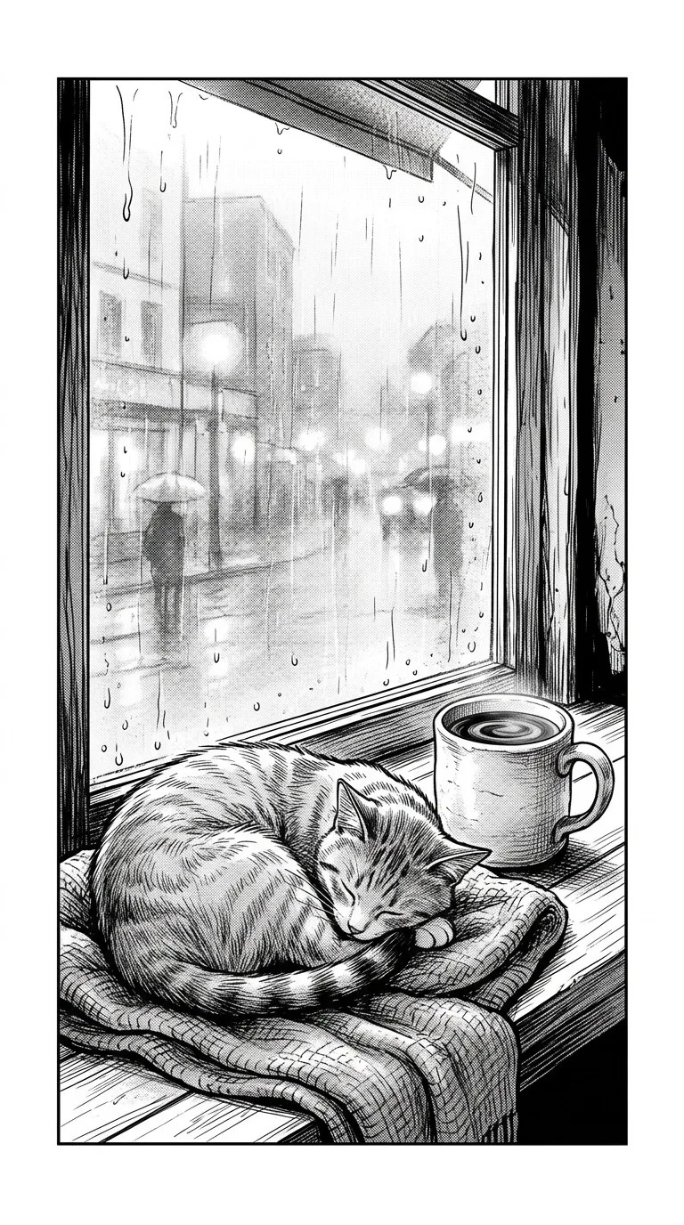 A sleeping cat curled beside a ceramic cup in a cafe window, rain and a quiet street outside, intimate finely hatched scene