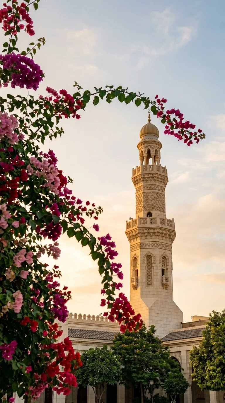 A minaret viewed through flowering bougainvillea.