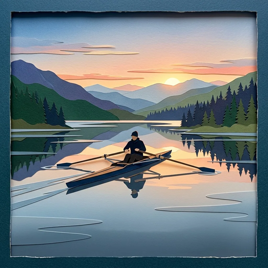 Rower crossing a mirrorlike lake at dawn