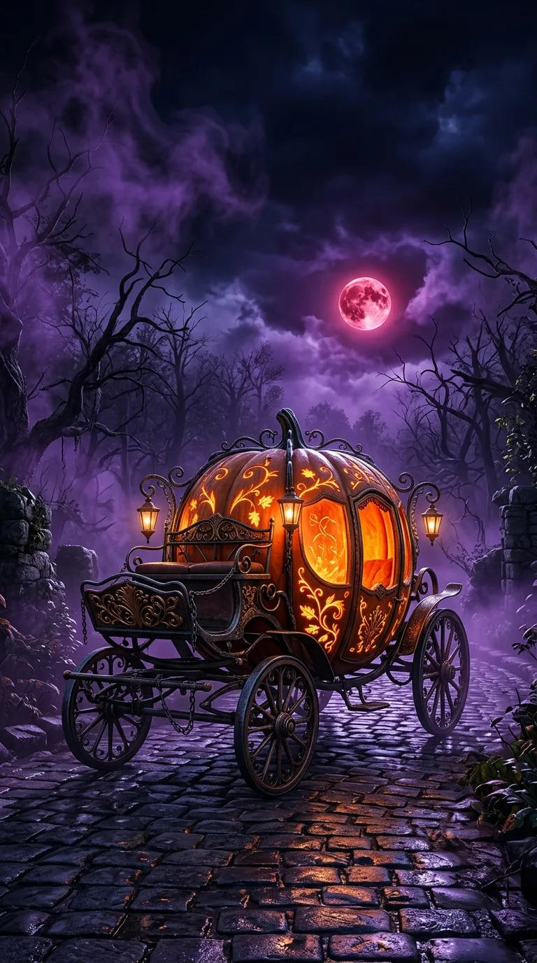 An ornate pumpkin carriage stands on wet cobblestones beneath a small crimson moon and purple clouds