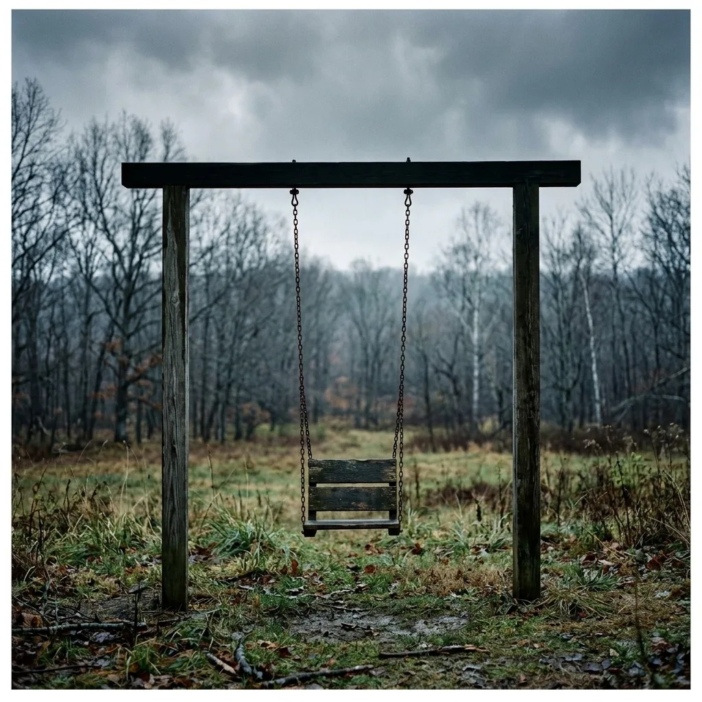 Empty swing under a grey sky