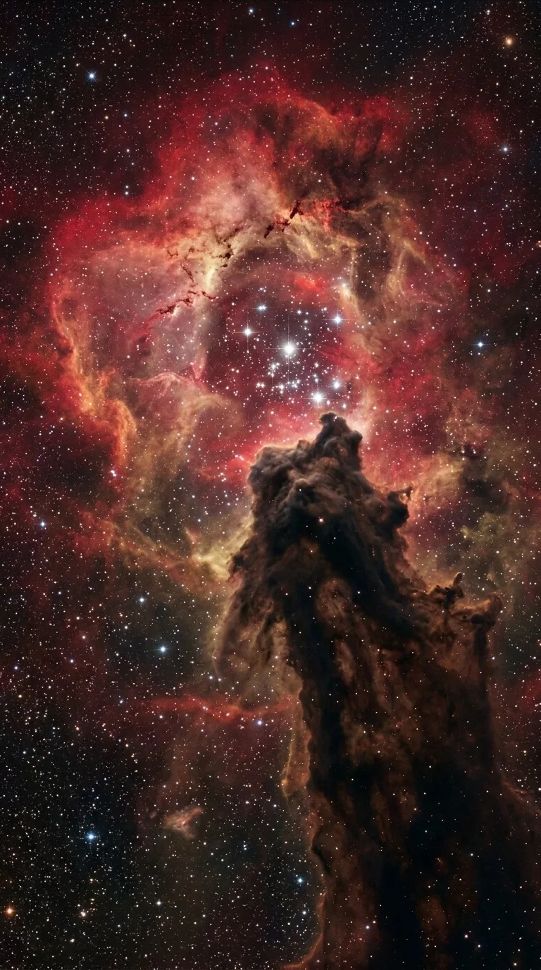 A stellar nursery beyond a dark dust pillar.