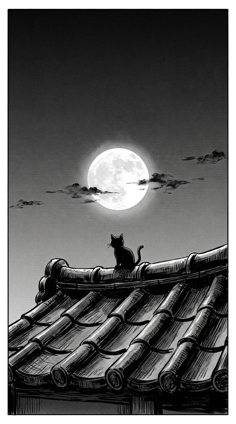 A small black cat perched on curved roof tiles beneath a luminous full moon, sparse cloud shapes and strong negative space