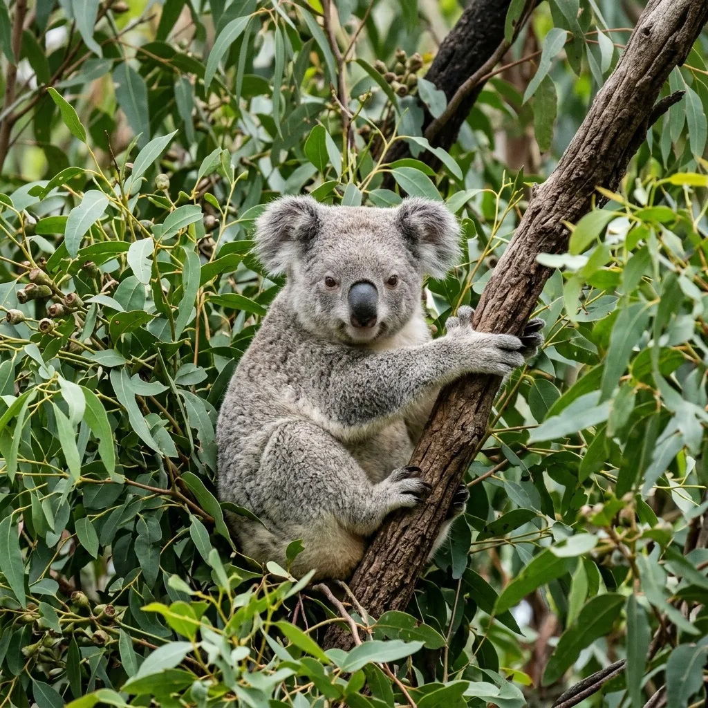 Koala resting in eucalyptus leaves