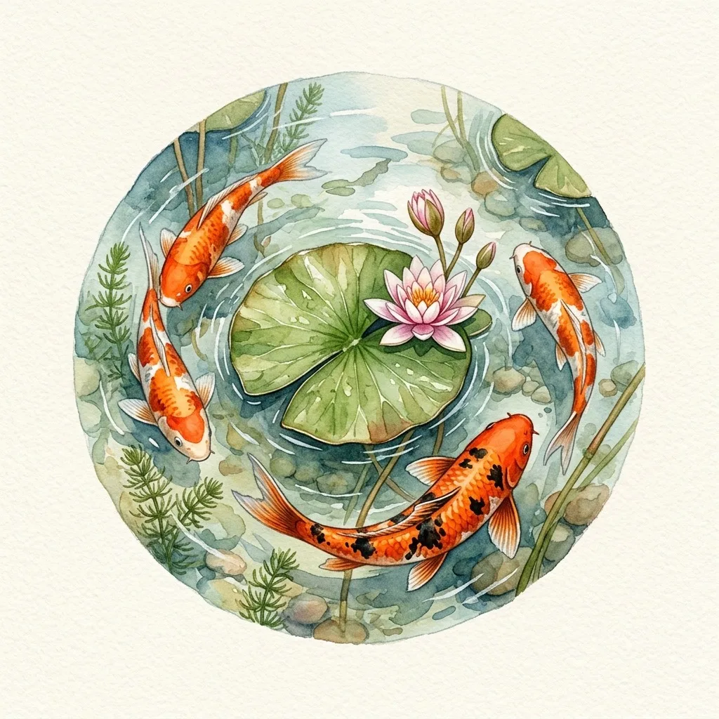 Orange koi circling a lily pad