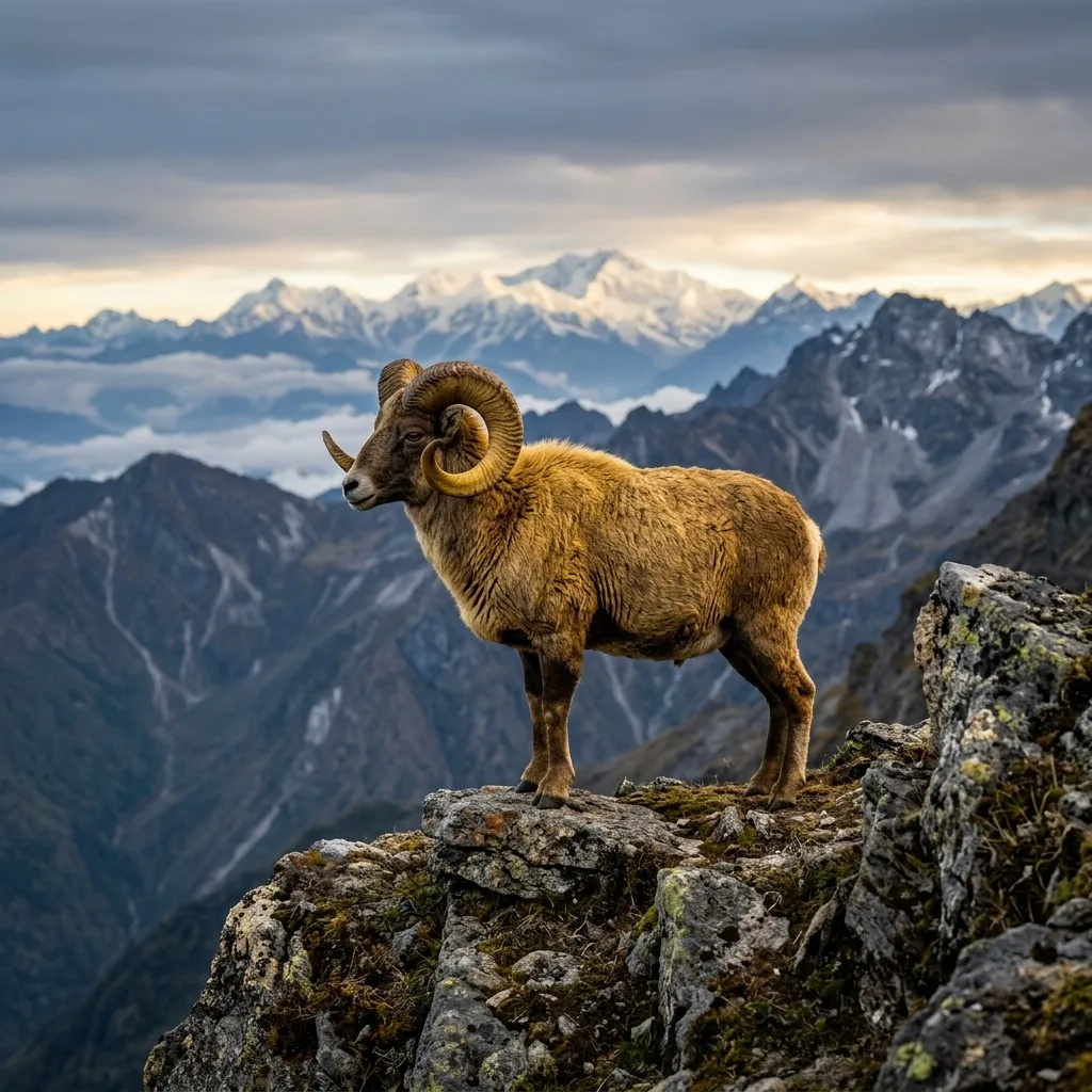 Golden ram on a mountain ledge