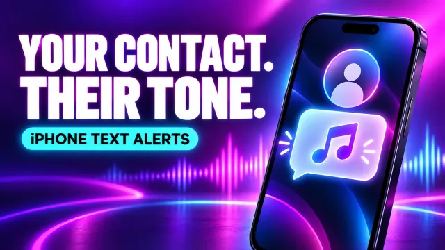 Illustrated iPhone contact and message sound with bold Your Contact, Their Tone text on a purple gradient