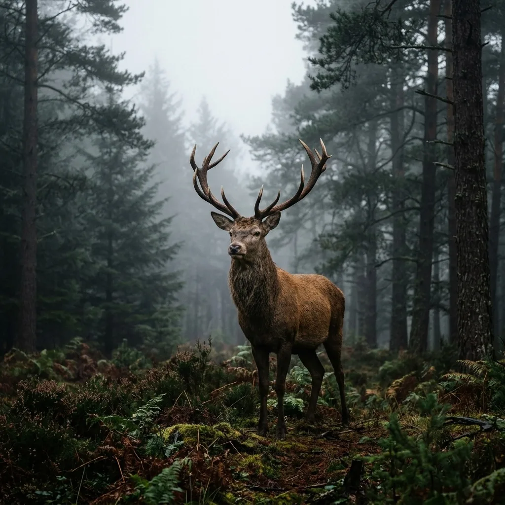 Majestic stag against foggy pines
