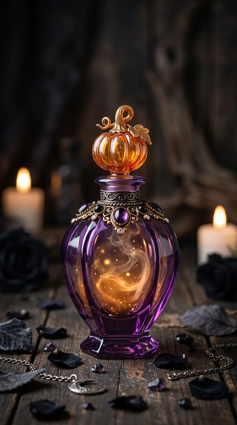 An elegant purple glass bottle with a pumpkin stopper contains swirling golden light