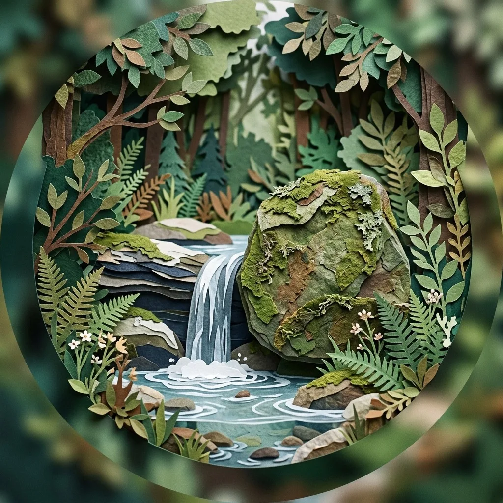 Mossy stone beside a tiny waterfall
