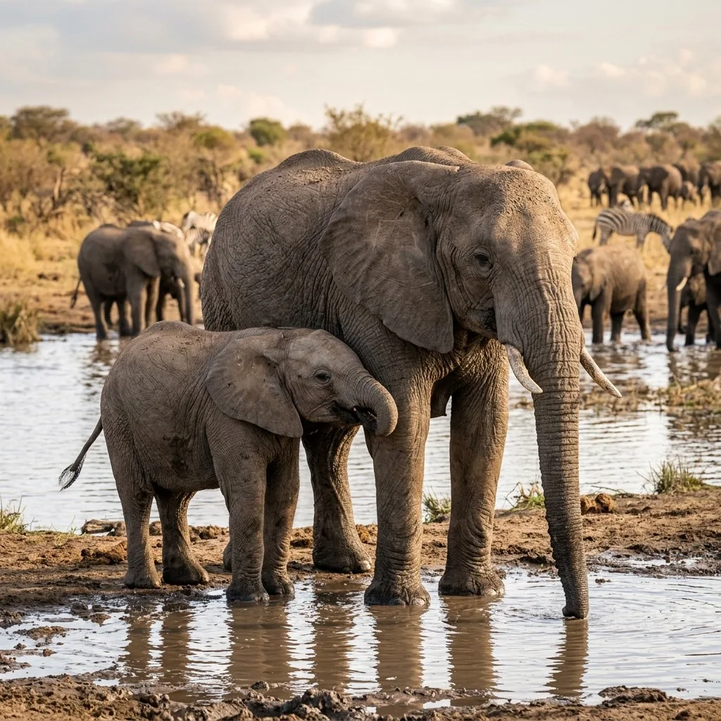 Baby elephant beside its mother at a waterhole