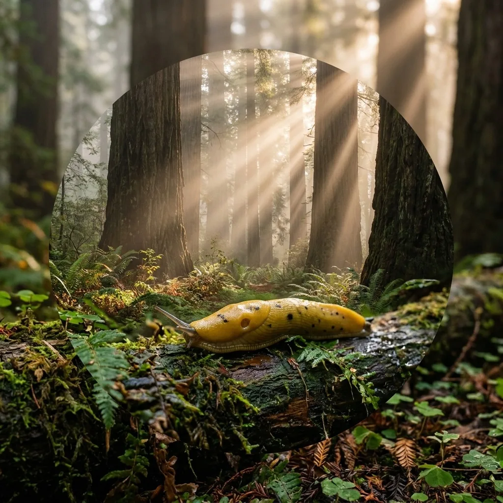 Misty redwood forest with sunbeams