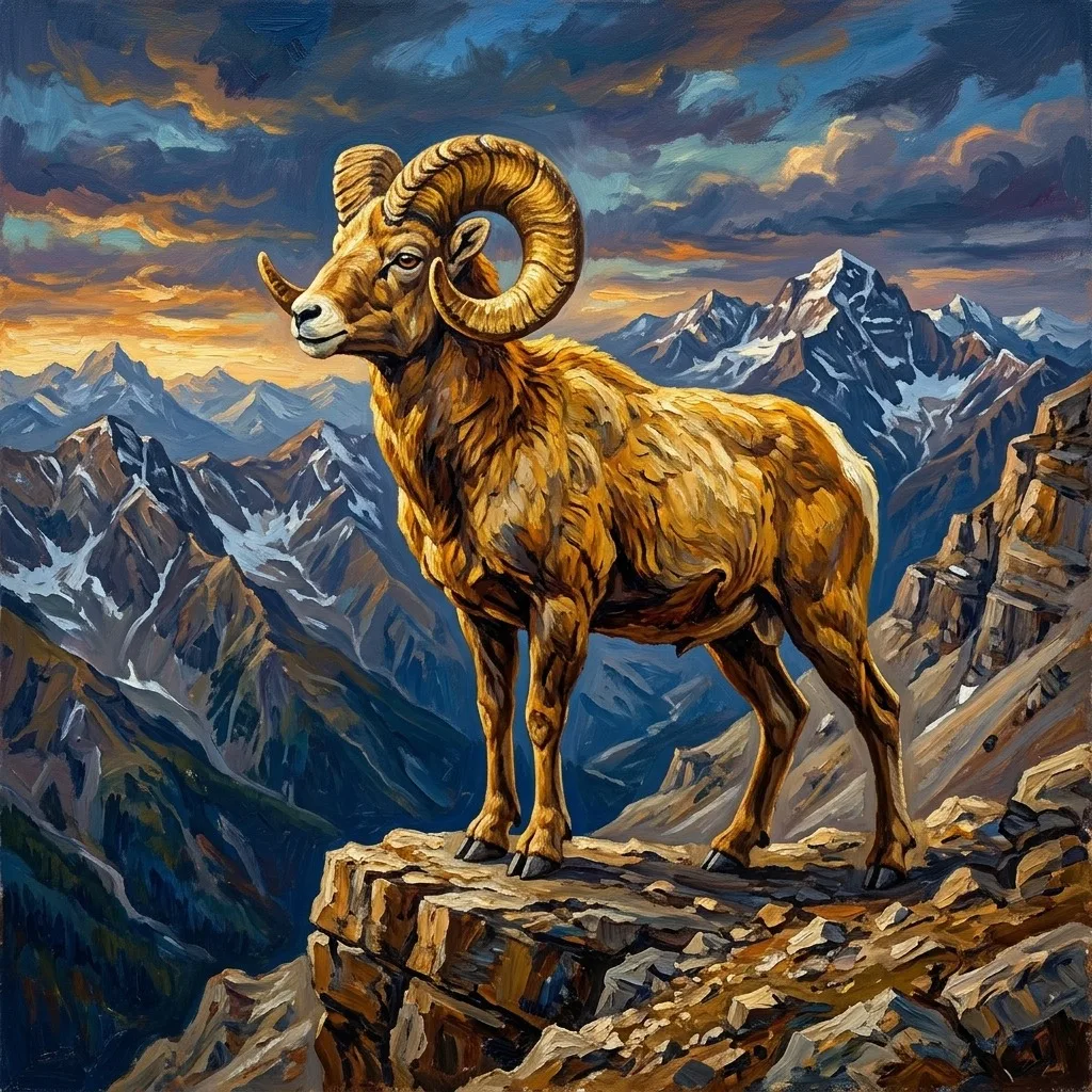 Golden ram on a mountain ledge