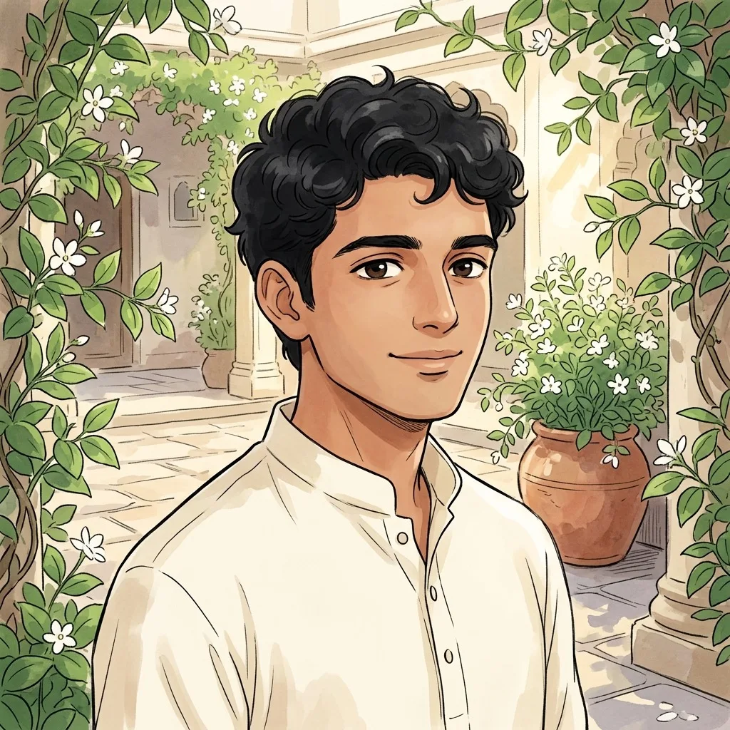 An adult man with white kurta in a jasmine courtyard