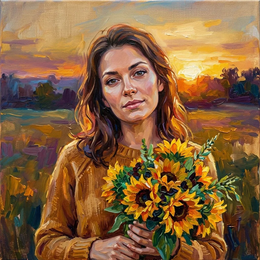 An adult woman with sunflower bouquet and golden sunset