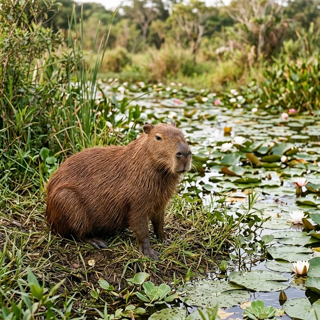 Capybara beside a lily pond