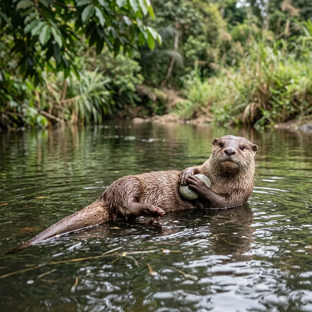 Otter floating with a smooth pebble