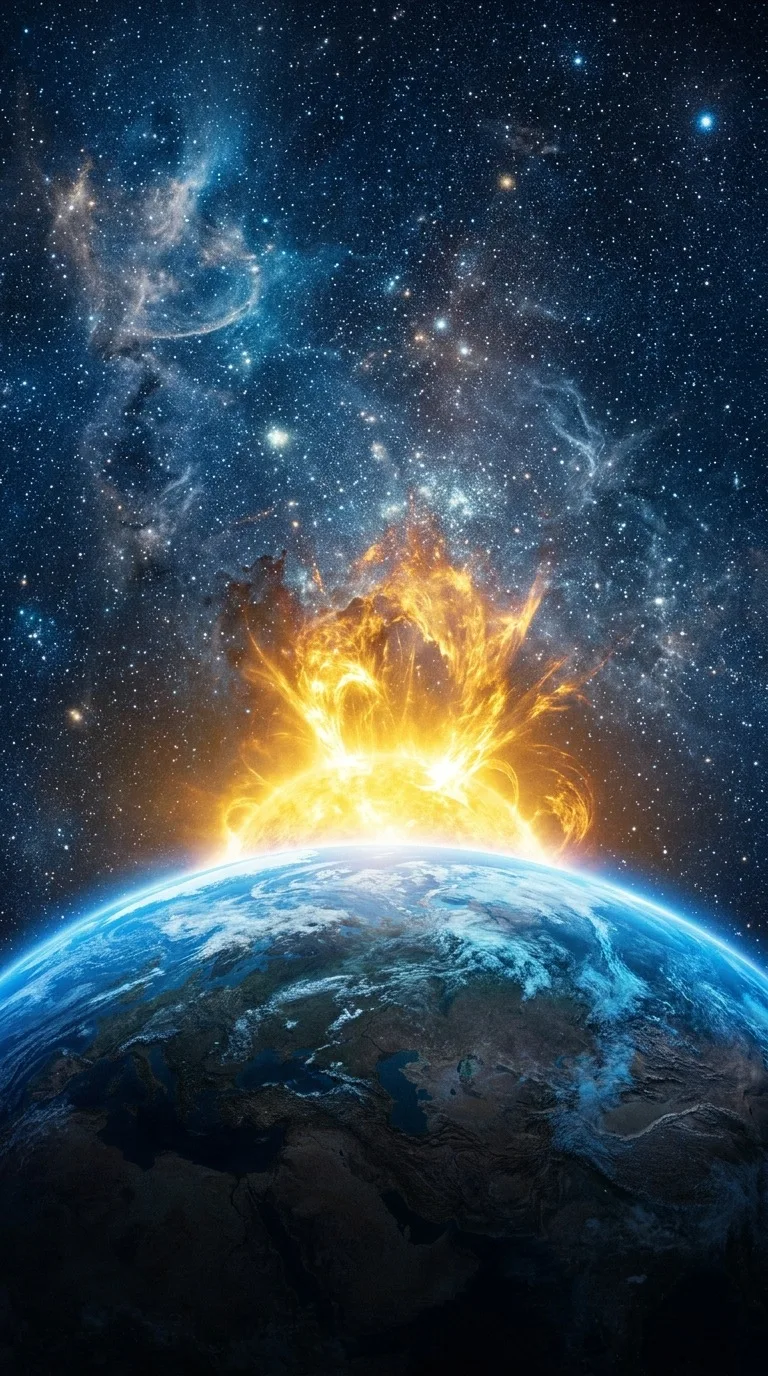 A golden solar flare above a planet horizon.