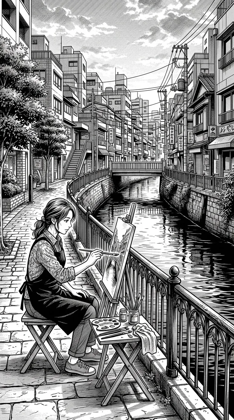 An adult painter beside a city canal.