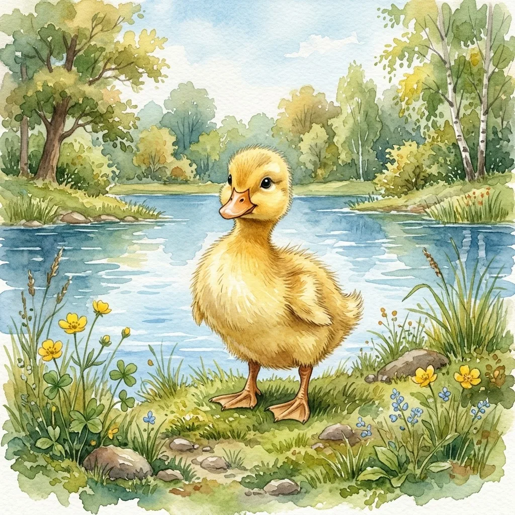 Duckling beside blue pond water