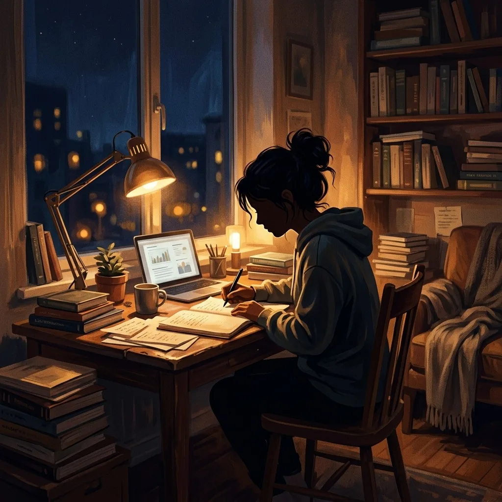 Student silhouette studying beneath a warm lamp